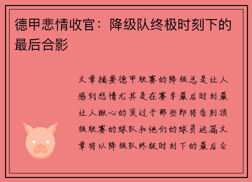 德甲悲情收官：降级队终极时刻下的最后合影