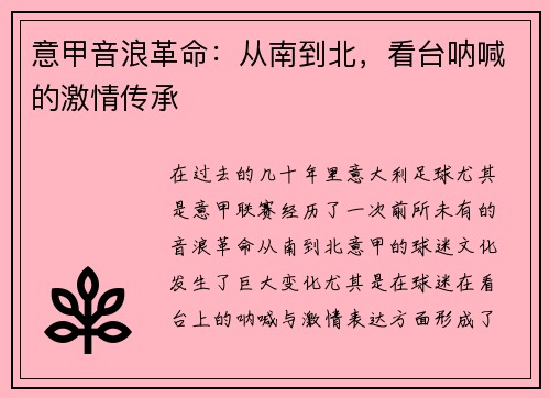 意甲音浪革命：从南到北，看台呐喊的激情传承