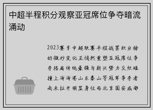 中超半程积分观察亚冠席位争夺暗流涌动