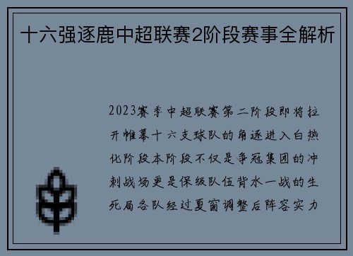 十六强逐鹿中超联赛2阶段赛事全解析